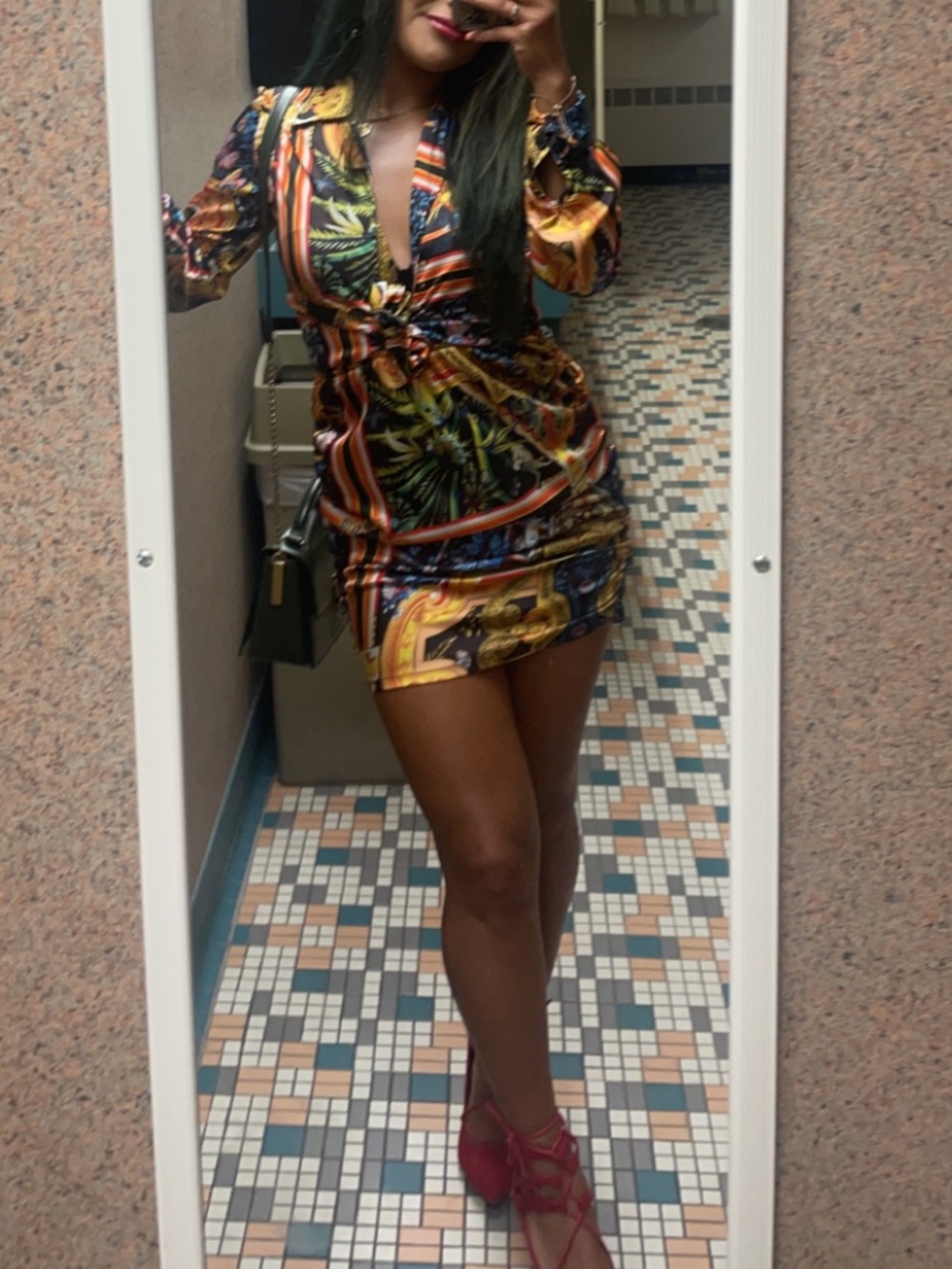 AKIRA Multicolor Gold and Black Printed Twist-Front Mini Dress